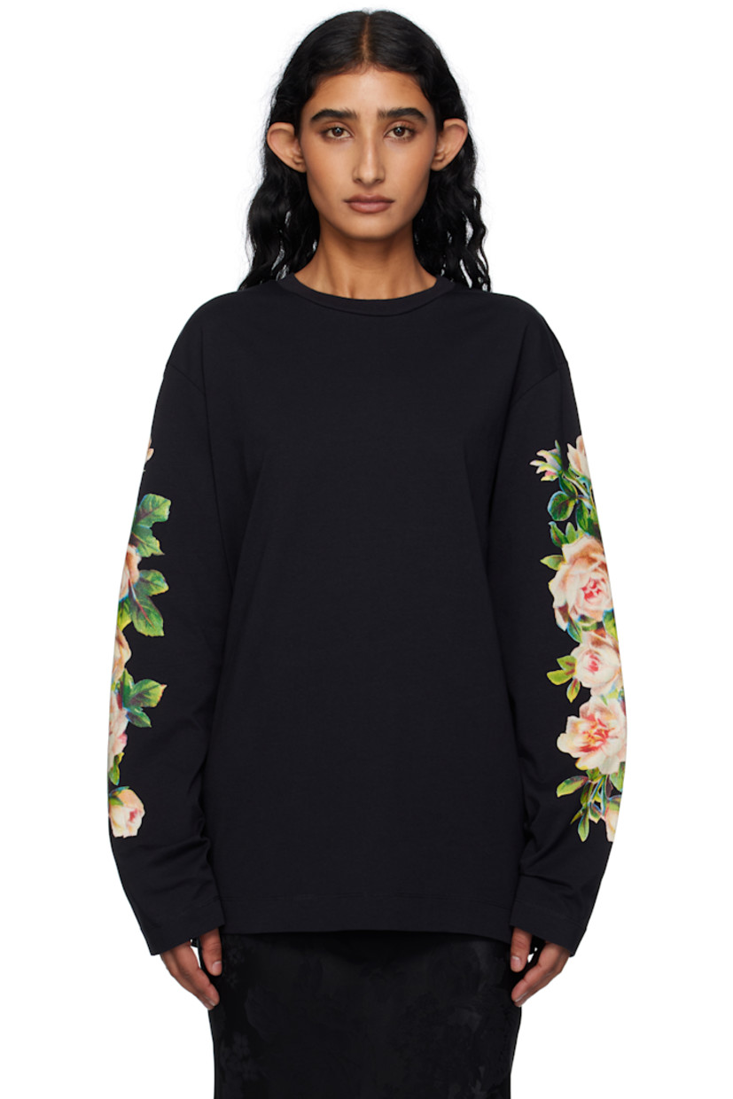 Cotton jersey T-shirt.

· Rib-knit crewneck
· Dropped shoulders
· Floral graphic at sleeves

Supplier color: Black