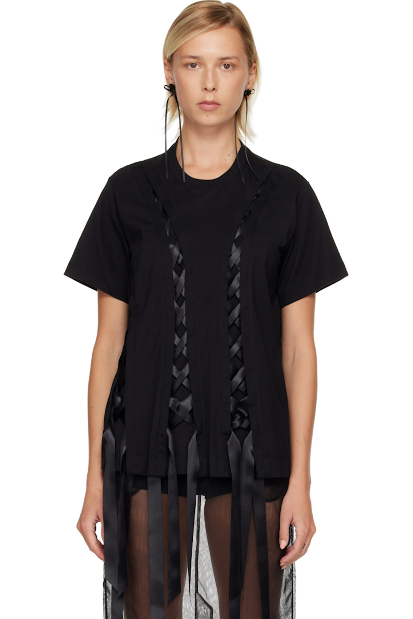 Cotton jersey T-shirt.

· Rib-knit crewneck
· Slits with lace-up satin ribbons at front

Supplier color: Black