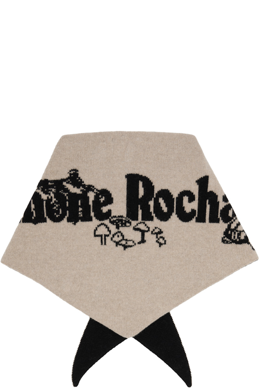 Triangular knit merino wool- and cashmere-blend scarf.

· Jacquard logo graphic throughout
· Faux-pearls at face
· L15" x W23"

Featuring artwork by Oscar Torrans.

Supplier color: Oat/Black