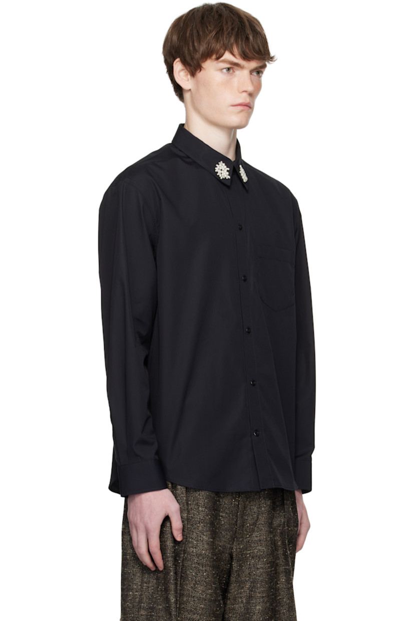 Cotton poplin shirt.

· Faux-pearl floral accents at spread collar
· Button closure
· Patch pocket at chest
· Shirttail hem
· Buttoned barrel cuffs
· Box pleat at back yoke

Supplier color: Black/Pearl