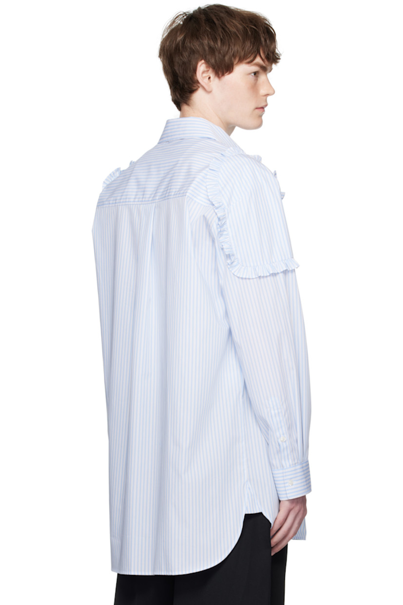 Cotton poplin shirt.

· Stripes throughout
· Spread collar
· Button closure
· Patch pocket at chest
· Shirttail hem
· Ruffled trim at shoulders
· Buttoned barrel cuffs
· Box pleat at back yoke

Supplier color: White/Blue