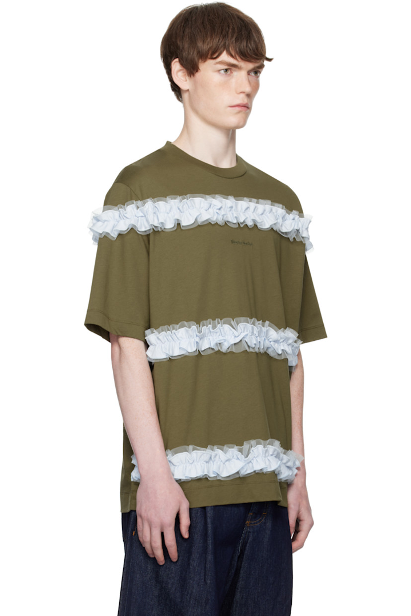 Cotton jersey T-shirt.

· Oversized
· Rib-knit crewneck
· Logo embroidered at chest
· Ruffled jersey and mesh trim at front and sleeves

Supplier color: Khaki/Pale blue