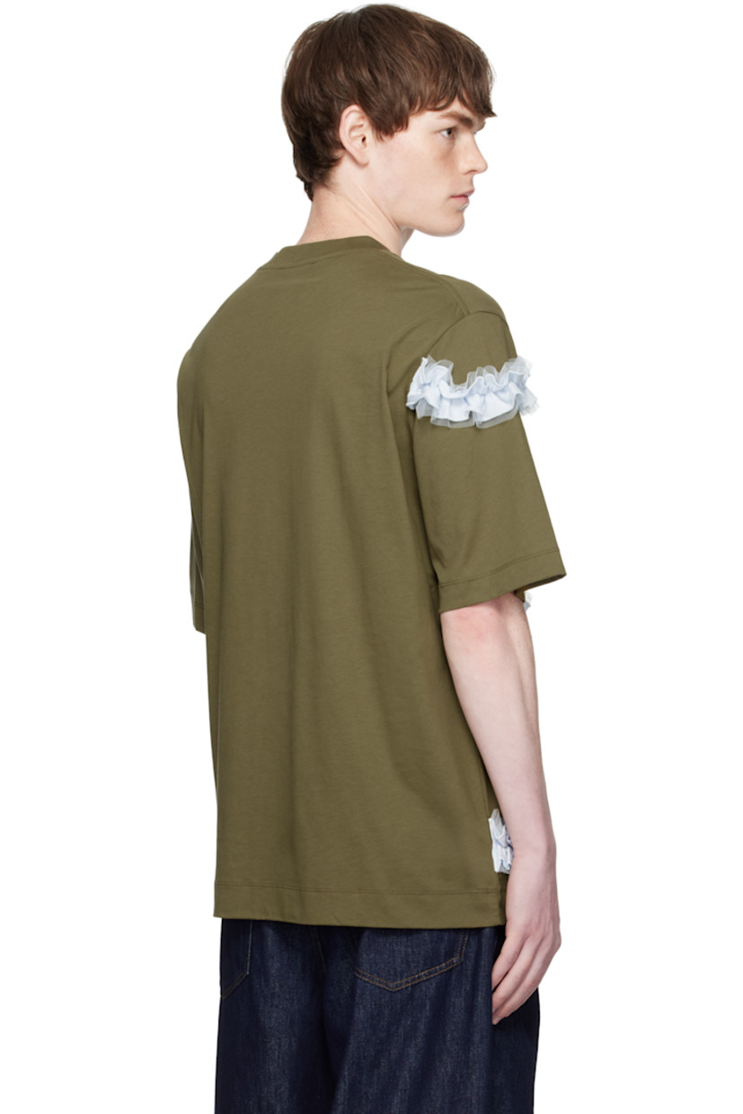 Cotton jersey T-shirt.

· Oversized
· Rib-knit crewneck
· Logo embroidered at chest
· Ruffled jersey and mesh trim at front and sleeves

Supplier color: Khaki/Pale blue