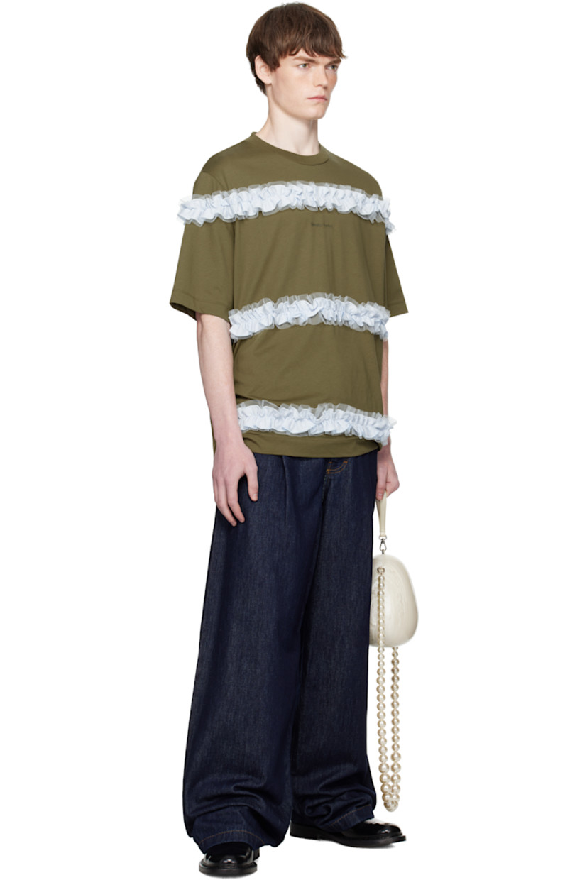 Cotton jersey T-shirt.

· Oversized
· Rib-knit crewneck
· Logo embroidered at chest
· Ruffled jersey and mesh trim at front and sleeves

Supplier color: Khaki/Pale blue