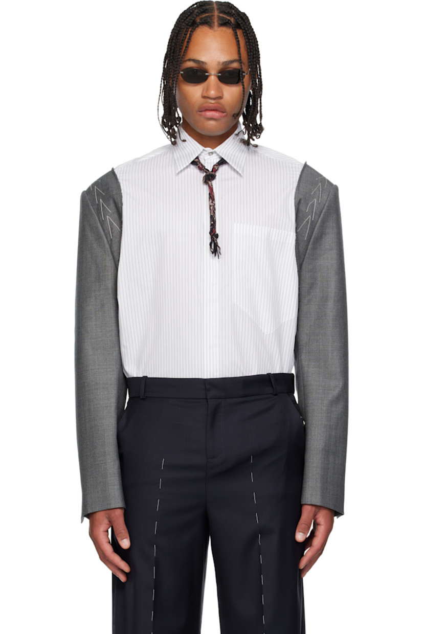 Cotton poplin and plain-woven virgin wool shirt. 

· Paneled construction
· Stripes throughout 
· Spread collar 
· Button closure
· Patch pocket at chest 
· Shirttail hem 
· Raw edges at armscyes 
· Concealed buttoned surgeon's cuffs
· Pleats at back collar 

Supplier color: White grey