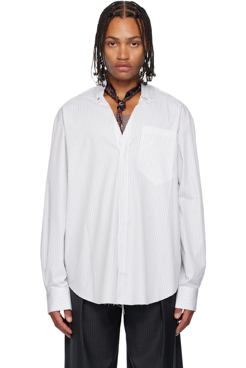 Cotton poplin shirt. 

· Stripes throughout 
· Modified button-down spread collar 
· Raw edges at V-neck and shirttail hem 
· Concealed button closure 
· Patch pocket at chest 
· Dropped shoulders 
· Pleats at buttoned barrel cuffs and back collar 

Supplier color: White