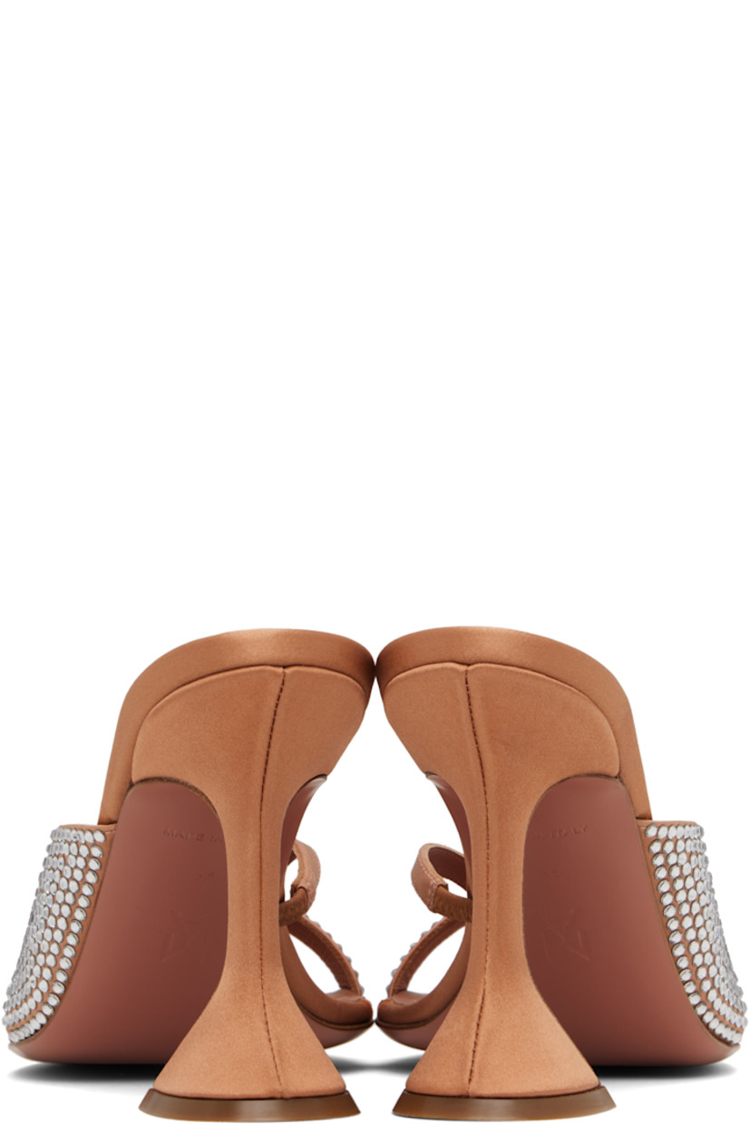 Silk satin heeled sandals in tan.

· Crystal-cut thong-style strap at vamp
· Logo-embossed leather footbed
· Covered spool heel with rubber injection
· Leather sole 
· Heel: H4"

Supplier color: Satin latte/White