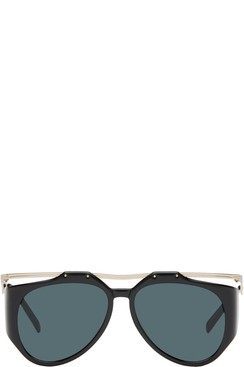 Aviator-style metal- and acetate-frame sunglasses in gold tone and black.

· Gray lenses, category 3
· 100% UVA/UVB protection
· Integrated nose pads
· Logo hardware at temples
· Acetate temple tips
· Includes case
· Size: 55.14 135

Supplier color: Black/Light gold