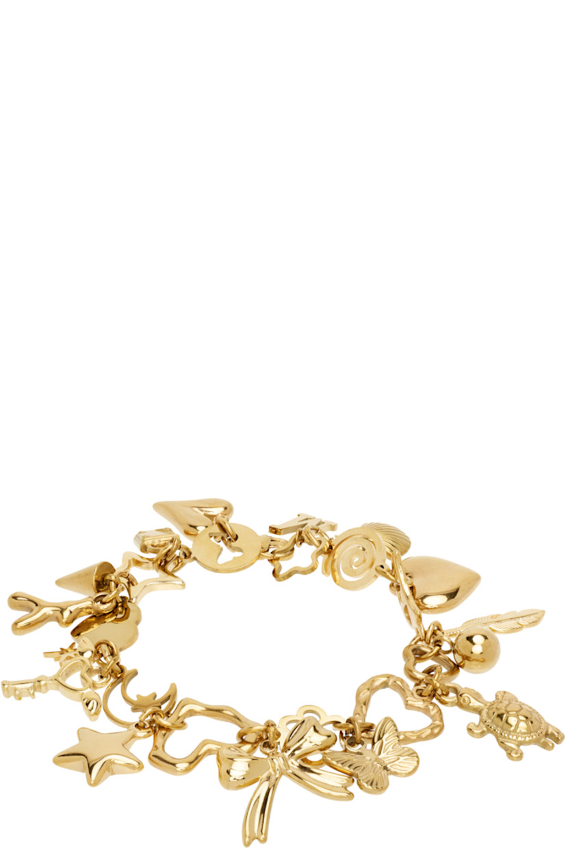 Modified cable chain bracelet in gold-tone stainless steel.

· Graphic charms throughout
· Logo charm at lobster-clasp fastening
· L7"

Supplier color: Gold