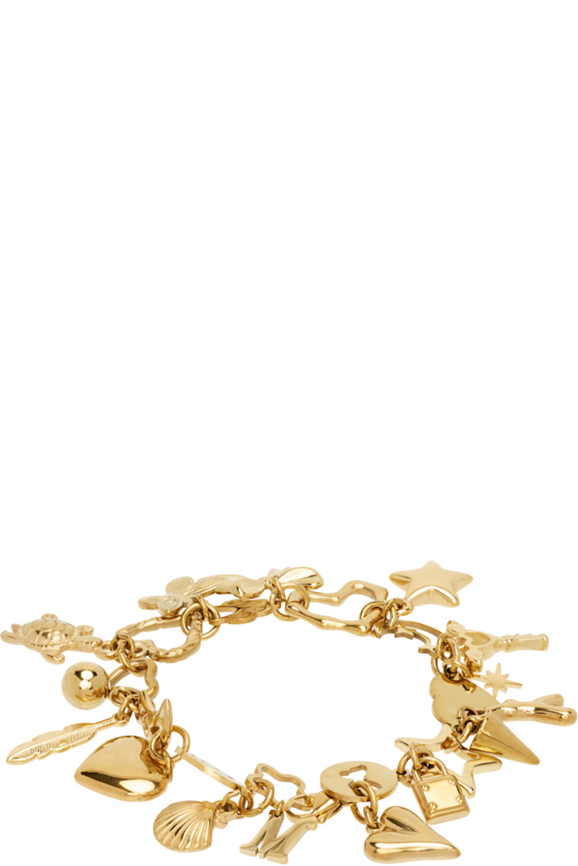 Modified cable chain bracelet in gold-tone stainless steel.

· Graphic charms throughout
· Logo charm at lobster-clasp fastening
· L7"

Supplier color: Gold