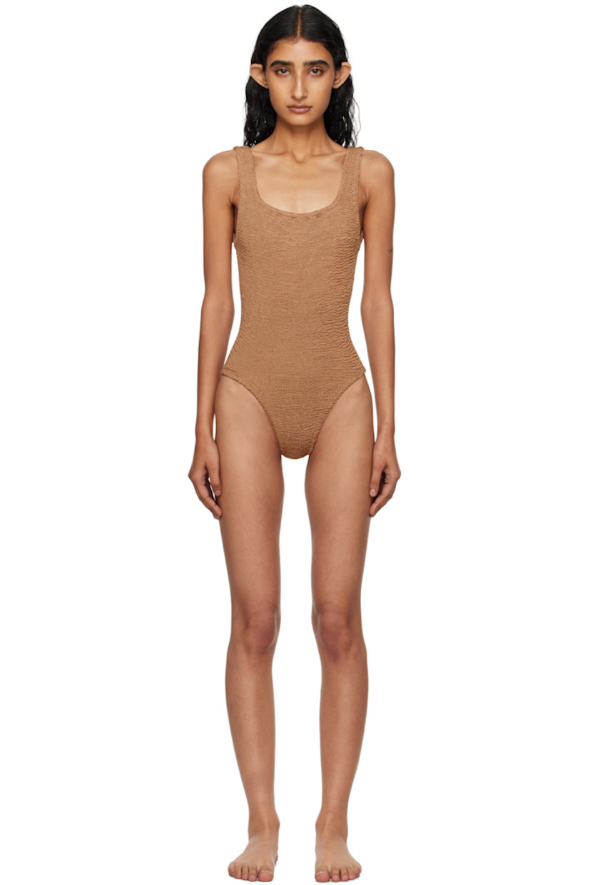 Shirred stretch nylon jersey one-piece swimsuit.

· Square neck
· Integrated shoulder straps
· Low back
· Unlined

This product uses Original Crinkle™ Technology. Fits US size 2-12.

Supplier color: Metallic cocoa