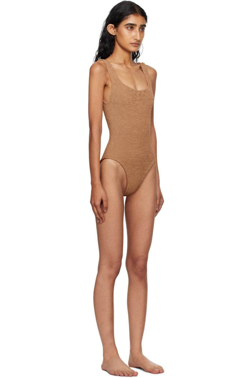 Shirred stretch nylon jersey one-piece swimsuit.

· Square neck
· Integrated shoulder straps
· Low back
· Unlined

This product uses Original Crinkle™ Technology. Fits US size 2-12.

Supplier color: Metallic cocoa