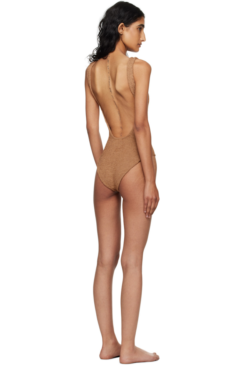Shirred stretch nylon jersey one-piece swimsuit.

· Square neck
· Integrated shoulder straps
· Low back
· Unlined

This product uses Original Crinkle™ Technology. Fits US size 2-12.

Supplier color: Metallic cocoa