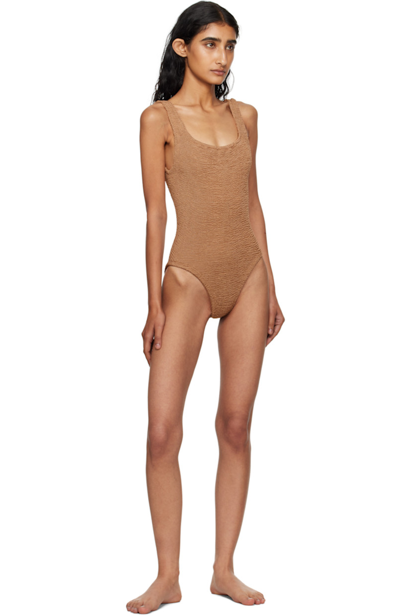 Shirred stretch nylon jersey one-piece swimsuit.

· Square neck
· Integrated shoulder straps
· Low back
· Unlined

This product uses Original Crinkle™ Technology. Fits US size 2-12.

Supplier color: Metallic cocoa