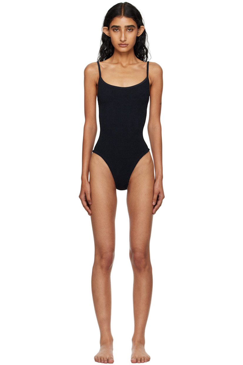 Shirred stretch nylon jersey one-piece swimsuit.

· Scoop neck
· Fixed spaghetti straps
· Low back
· Unlined

This product uses Original Crinkle™ Technology. Fits US size 2-12.

Supplier color: Black