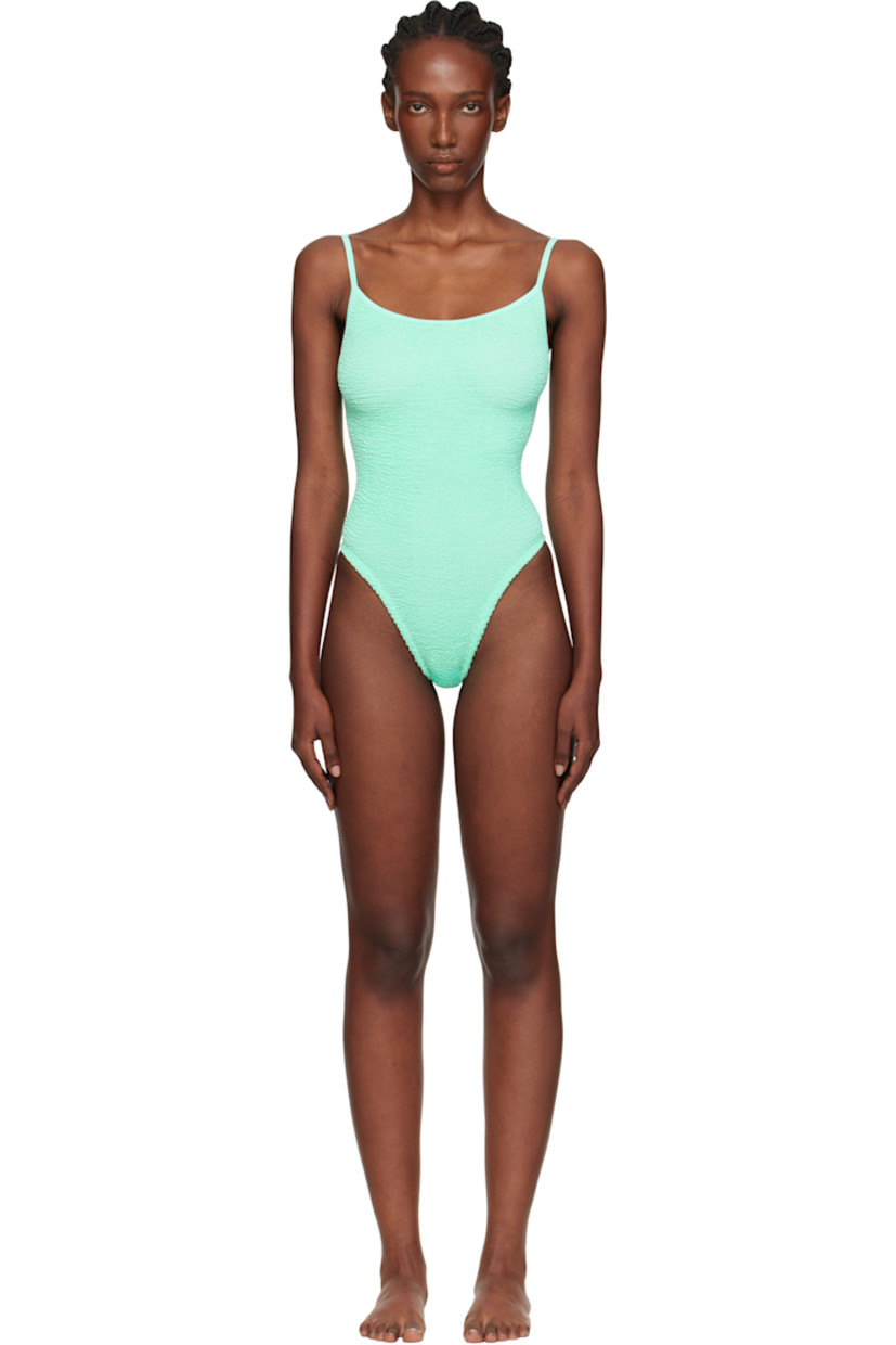 Shirred stretch nylon jersey one-piece swimsuit.

· Scoop neck
· Fixed spaghetti straps
· Low back
· Unlined

This product uses Original Crinkle™ Technology. Fits US size 2-12.

Supplier color: Metallic mint