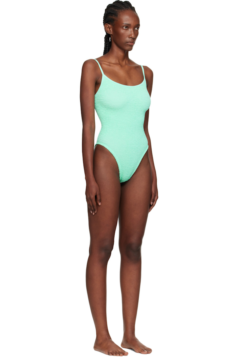 Shirred stretch nylon jersey one-piece swimsuit.

· Scoop neck
· Fixed spaghetti straps
· Low back
· Unlined

This product uses Original Crinkle™ Technology. Fits US size 2-12.

Supplier color: Metallic mint