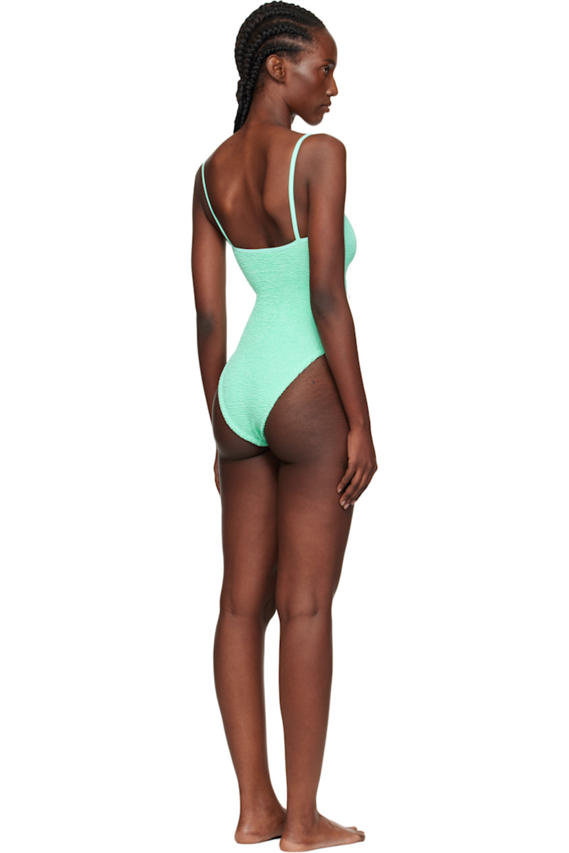 Shirred stretch nylon jersey one-piece swimsuit.

· Scoop neck
· Fixed spaghetti straps
· Low back
· Unlined

This product uses Original Crinkle™ Technology. Fits US size 2-12.

Supplier color: Metallic mint