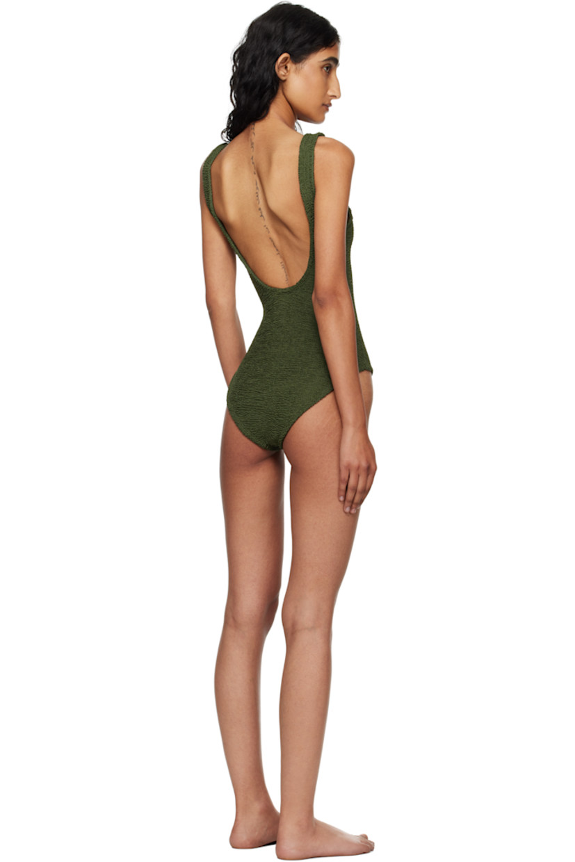 Shirred stretch nylon jersey one-piece swimsuit.

· Plunging V-neck
· Integrated shoulder straps
· Low back
· Unlined

This product uses Original Crinkle™ Technology. Fits US size 2-12.

Supplier color: Metallic khaki