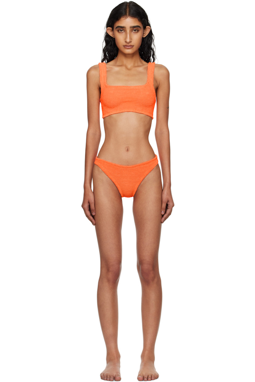 Shirred stretch nylon jersey bikini top and bottom.

· Square neck
· Integrated shoulder straps
· Low back
· Unlined

This product uses Original Crinkle™ Technology. Fits US size 2-12.

Supplier color: Orange