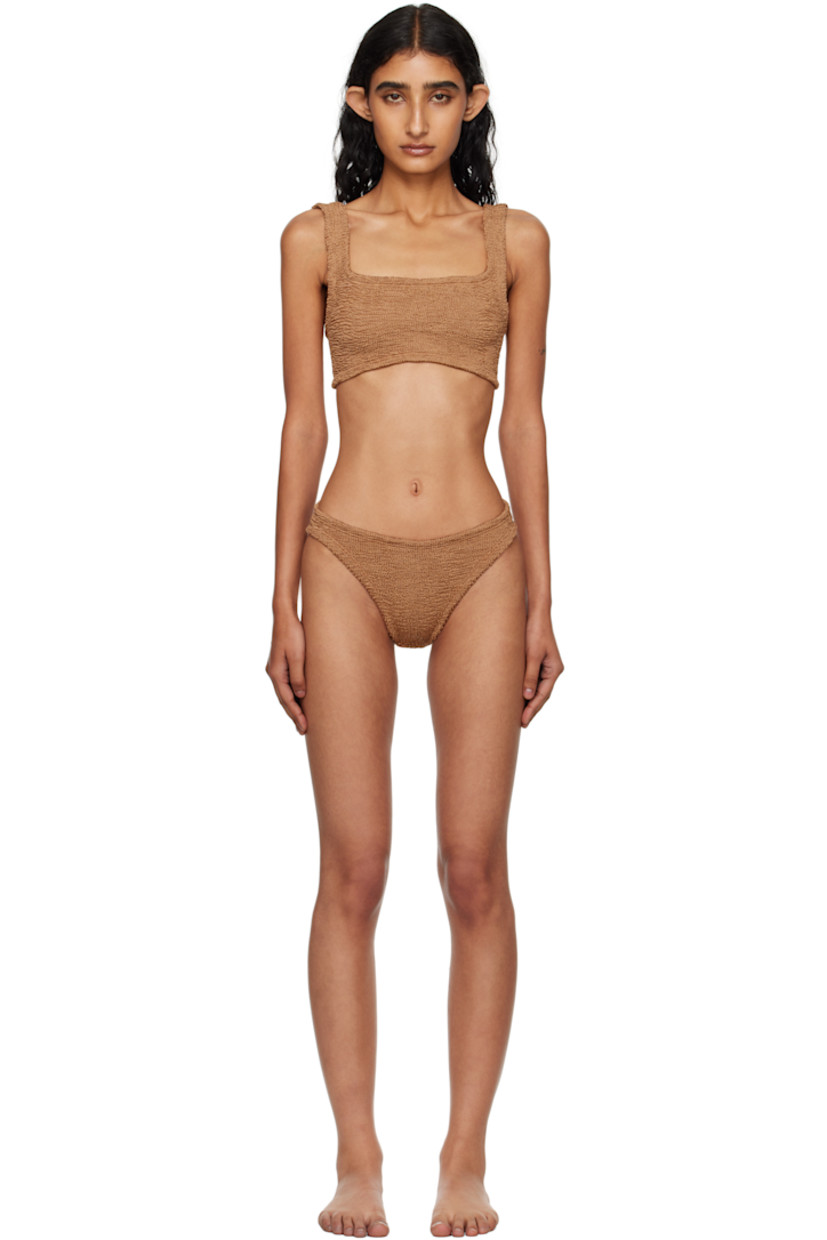 Shirred stretch nylon jersey bikini top and bottom.

· Square neck
· Integrated shoulder straps
· Low back
· Unlined

This product uses Original Crinkle™ Technology. Fits US size 2-12.

Supplier color: Metallic cocoa