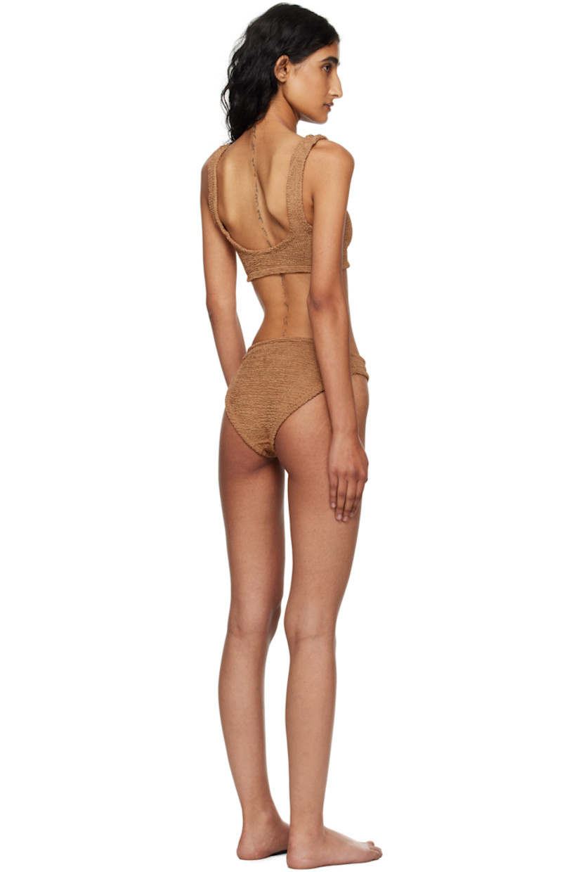 Shirred stretch nylon jersey bikini top and bottom.

· Square neck
· Integrated shoulder straps
· Low back
· Unlined

This product uses Original Crinkle™ Technology. Fits US size 2-12.

Supplier color: Metallic cocoa