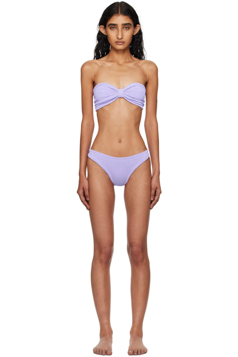 Shirred stretch nylon jersey bikini top and bottom.

· Gathering at sweetheart neck
· Unlined

This product uses Seamless Crinkle™ Technology. Fits US size 2-12.

Supplier color: Lilac