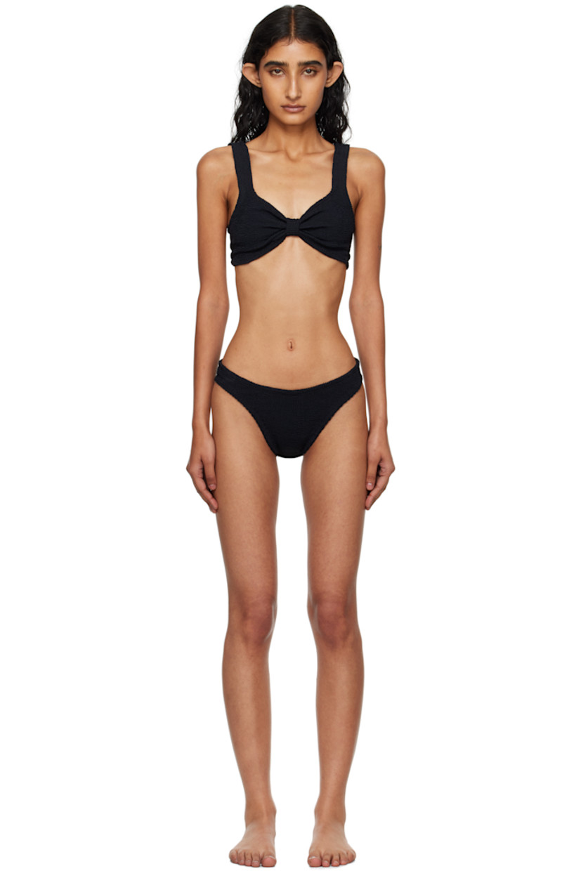 Shirred stretch nylon jersey bikini top and bottom.

· Gathering at scoop neck
· Integrated shoulder straps
· Low back
· Unlined

This product uses Seamless Crinkle™ Technology. Fits US size 2-12.

Supplier color: Black