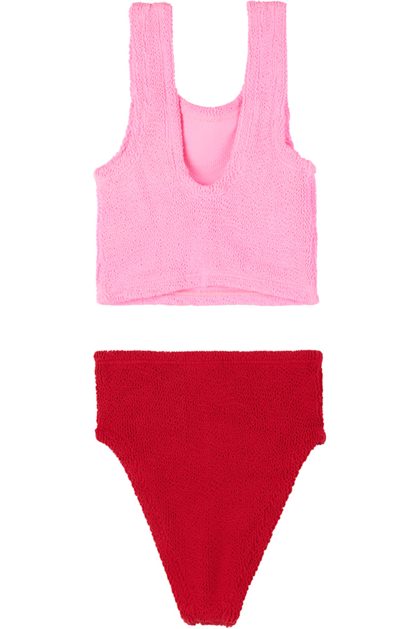 Shirred stretch nylon jersey bikini top.

· Square neck
· Unlined
· Machine-wash

Shirred stretch nylon jersey bikini bottom.

· Elasticized waistband
· Unlined
· Machine-wash

This product uses Original Crinkle™ Technology.

Supplier color: Bubblegum/Red

Hunza G Size: Recommended Age
UNI: Fits sizes 7-12 years