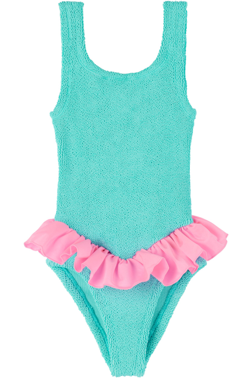 Shirred stretch nylon jersey one-piece swimsuit.

· Square neck
· Ruffled jersey trim at waist
· Low back
· Unlined
· Machine-wash

This product uses Original Crinkle™ Technology.

Supplier color: Aqua/Bubblegum

Hunza G Size: Recommended Age
UNI: Fits sizes 7-12 years