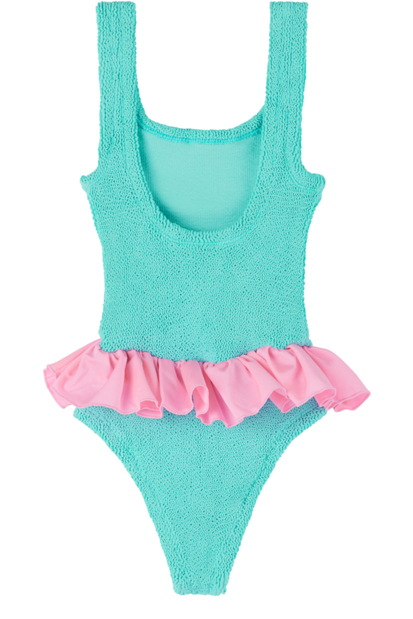 Shirred stretch nylon jersey one-piece swimsuit.

· Square neck
· Ruffled jersey trim at waist
· Low back
· Unlined
· Machine-wash

This product uses Original Crinkle™ Technology.

Supplier color: Aqua/Bubblegum

Hunza G Size: Recommended Age
UNI: Fits sizes 7-12 years