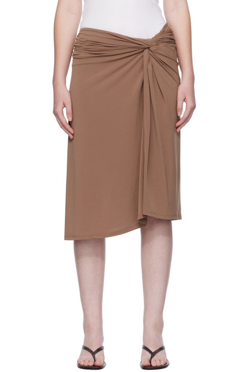 Stretch jersey midi skirt.

· Gathering at elasticized waistband 
· Twisted detailing at front 
· Slit at front 

Part of the Elemental 06 collection.

Supplier color: Chestnut