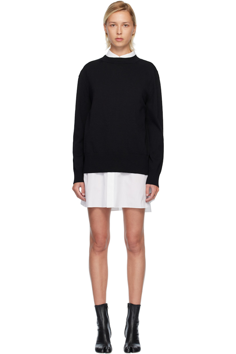 Cotton-blend poplin shirt-style minidress.

· Detachable knit cotton-blend overlay 
· Spread collar 
· Rib-knit crewneck, hem, and cuffs
· Shirttail hem 
· Box pleat at back yoke 

Supplier color: Black/Off-white
