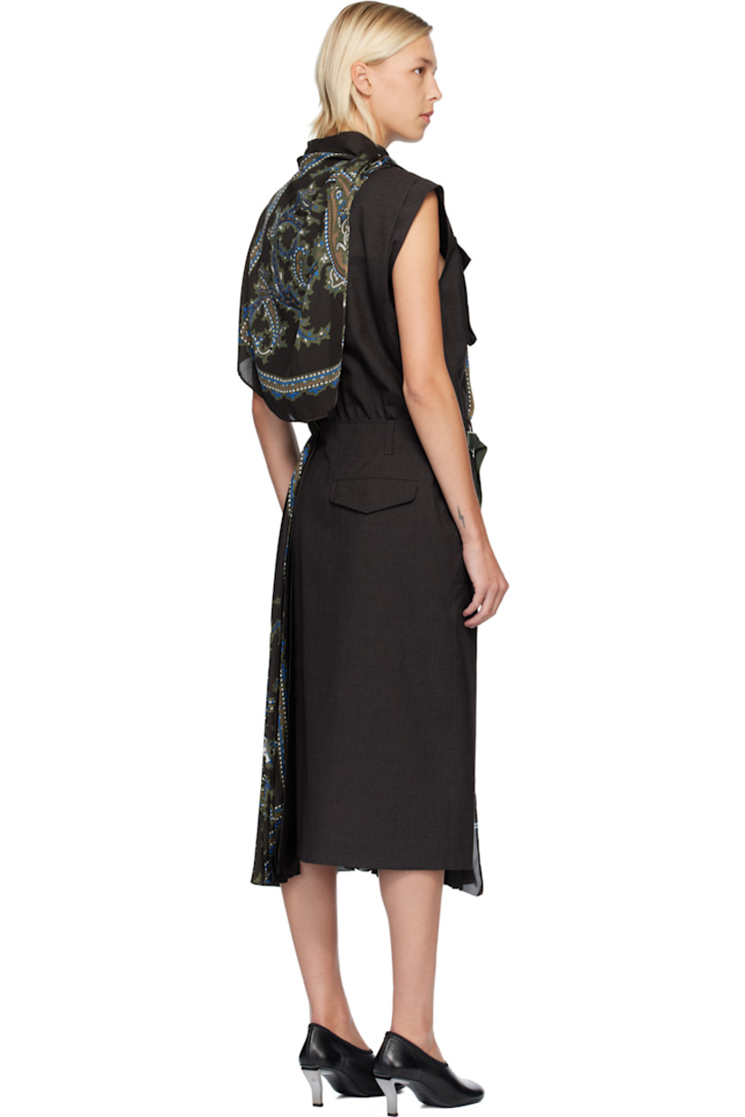 Plain-woven wool and satin midi dress. 

· Paneled wrap construction 
· Paisley pattern and pleats throughout 
· Mock neck
· Button closure
· Flap pocket at chest
· Belt loops and integrated cinch belt at waist
· Cap sleeves
· Two-pocket styling
· Central vent at back hem 

Supplier color: Brown/Khaki