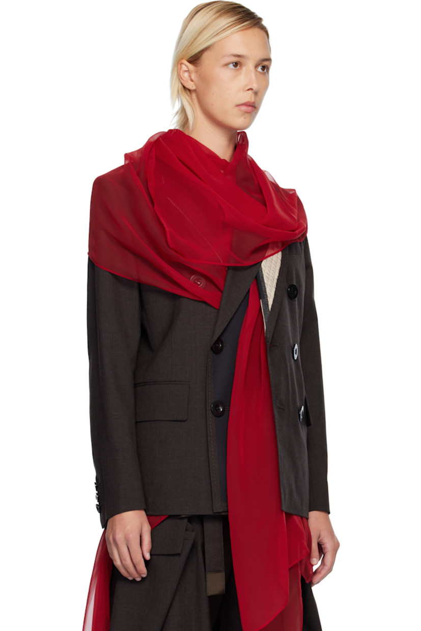 Plain-woven wool blazer. Integrated sheer chiffon panel in red.

· Layered construction 
· Raw edges at peaked lapel
· Double-breasted button closure 
· Welt pocket at chest
· Flap pockets at waist 
· Vented side seams
· Buttoned surgeon's cuffs
· Partial satin lining 

Supplier color: Brown