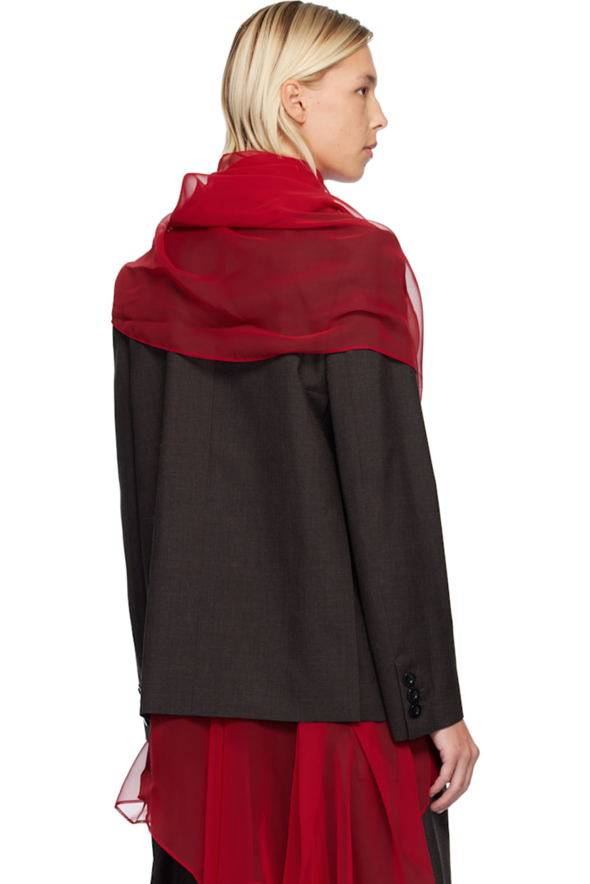 Plain-woven wool blazer. Integrated sheer chiffon panel in red.

· Layered construction 
· Raw edges at peaked lapel
· Double-breasted button closure 
· Welt pocket at chest
· Flap pockets at waist 
· Vented side seams
· Buttoned surgeon's cuffs
· Partial satin lining 

Supplier color: Brown
