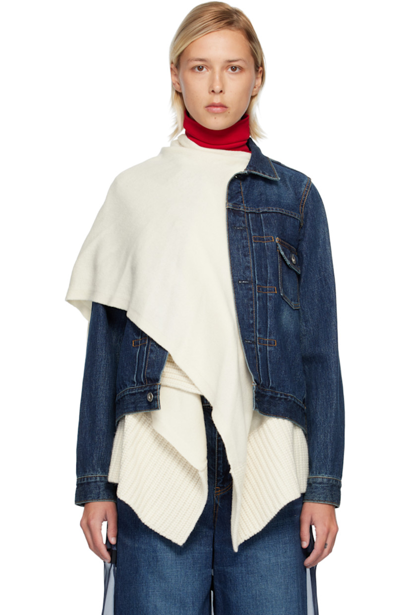 Non-stretch denim jacket and insulated satin vest set. Vest features draped knit wool panels and two-way zip closure. Connecting press-studs at interior.

· Subtle fading throughout
· Spread collar
· Button closure
· Flap pockets at chest
· Press-stud vent at side seams
· Buttoned barrel cuffs
· Pleats at back yoke
· Adjustable button tabs at back hem
· Unlined
· Contrast stitching in tan

Supplier color: Blue/Off white