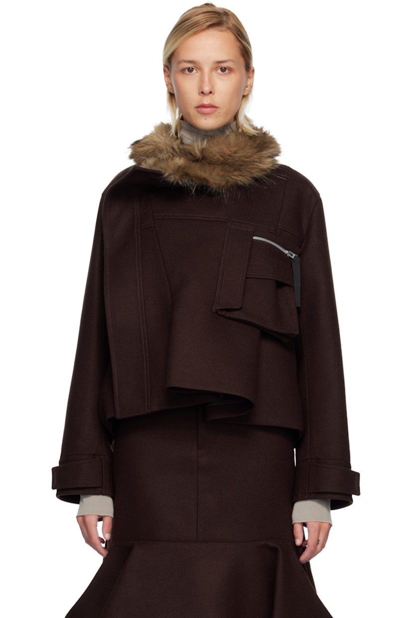 Wool melton jacket. 

· Asymmetrical paneled construction 
· Faux-fur trim at collar
· Offset two-way zip closure
· Zip and flap pockets at chest
· Draping at flared hem 
· Press-stud barrel cuffs
· Full satin lining 

Supplier color: Brown