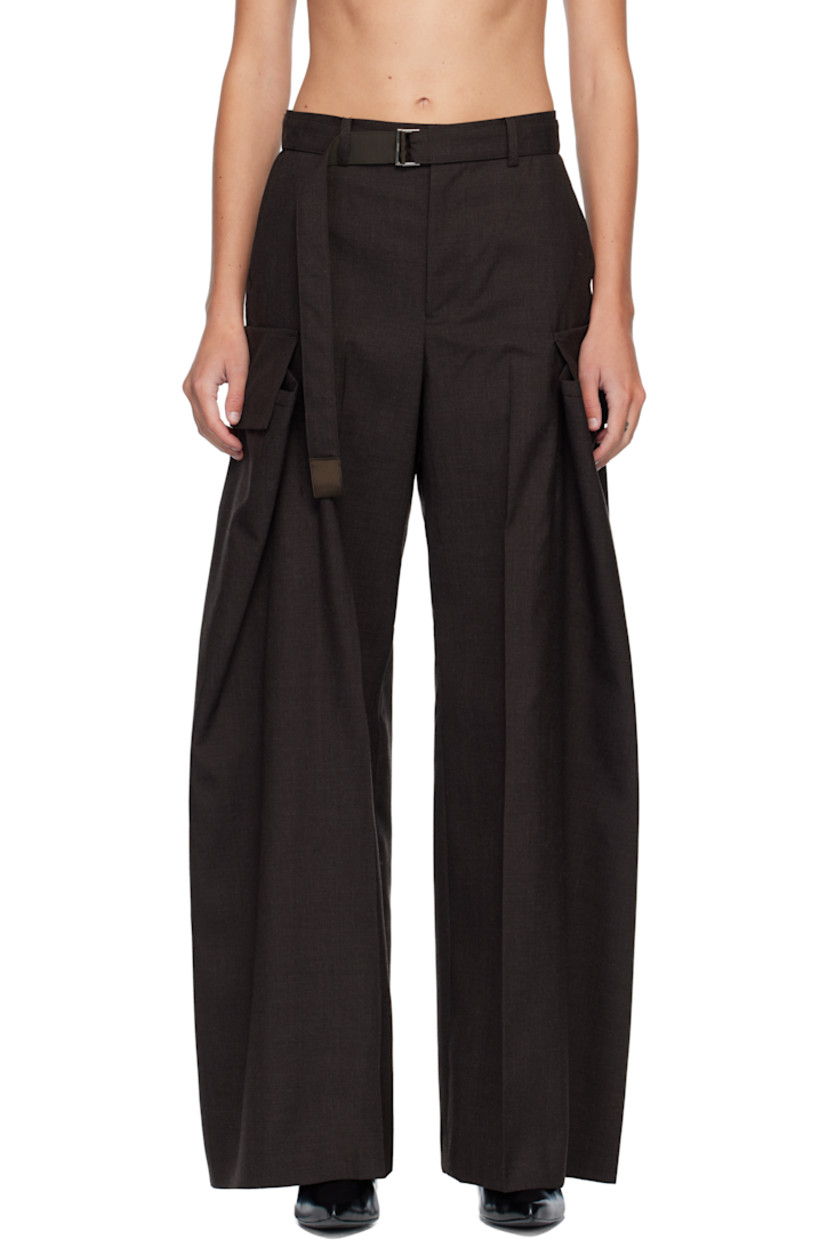 Plain-woven wool trousers.

· Belt loops
· Detachable cinch belt at waistband
· Four-pocket styling
· Zip fly 
· Cargo pocket and pleats at outseams 
· Creased legs 

Supplier color: Brown