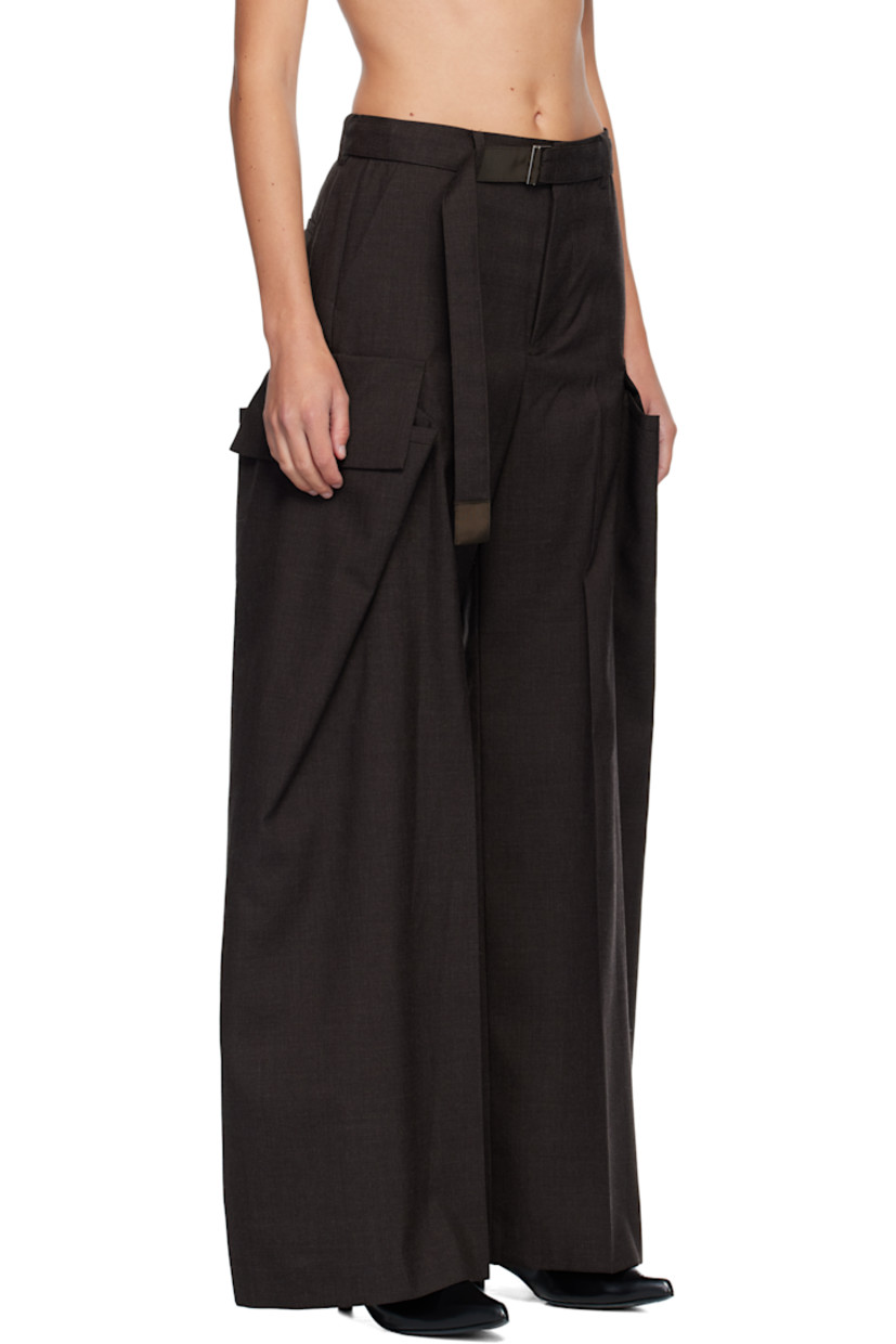Plain-woven wool trousers.

· Belt loops
· Detachable cinch belt at waistband
· Four-pocket styling
· Zip fly 
· Cargo pocket and pleats at outseams 
· Creased legs 

Supplier color: Brown