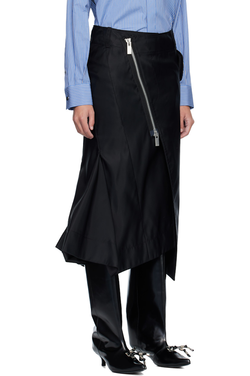 Nylon twill midi skirt. 

· Belt loops
· Two-pocket styling
· Exposed two-way zip fly 
· Vent at front hem
· Godet panels at hem 
· Cinch tab at back waistband
· Partial satin lining 

Supplier color: Black