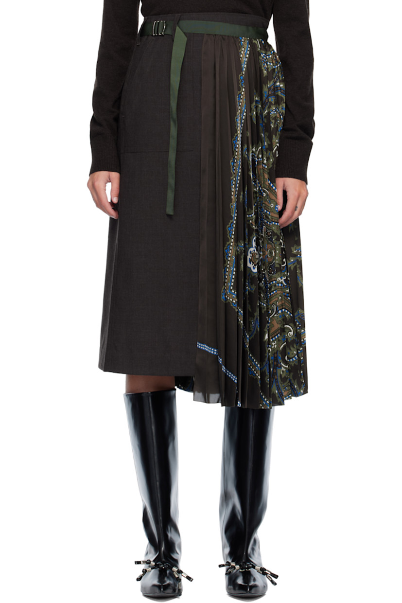 Plain-woven wool midi skirt. 

· Paneled wrap construction 
· Integrated cinch belt at waistband 
· Three-pocket styling
· Paisley-printed and pleated satin panel at side seam 

Supplier color: Brown/Khaki