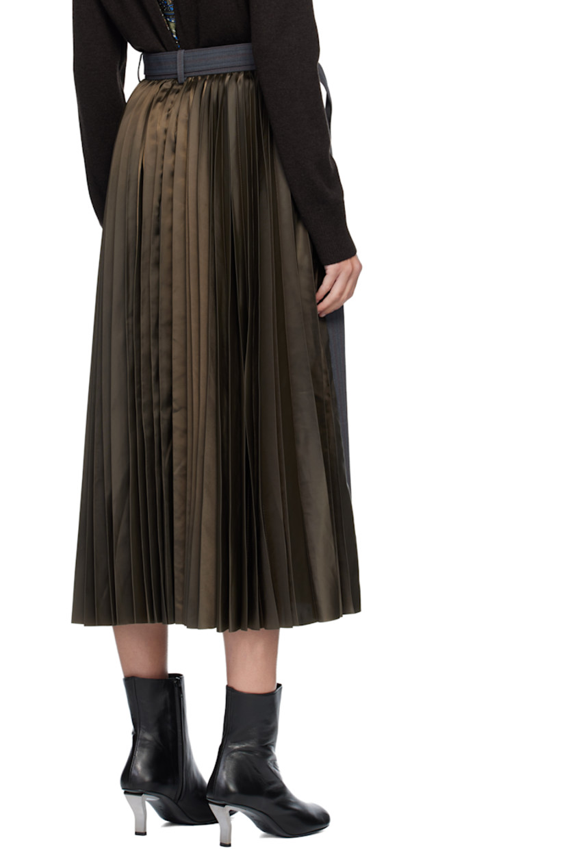 Wool-blend doeskin midi skirt. 

· Paneled wrap construction
· Striped throughout 
· Belt loops
· Integrated cinch belt at waistband
· Three-pocket styling
· Zip fly 
· Central vent at front hem 
· Pleated satin twill panel at back  

Supplier color: Gray/D/Khaki