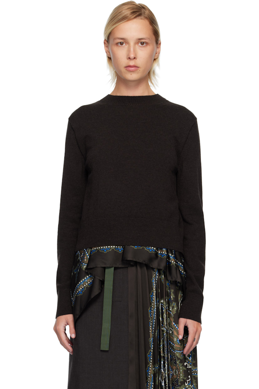 Knit wool sweater. 

· Paisley pattern printed at satin underlay 
· Rib-knit crewneck, hem, and cuffs
· Handkerchief hem
· Vent at back

Supplier color: Brown/Khaki
