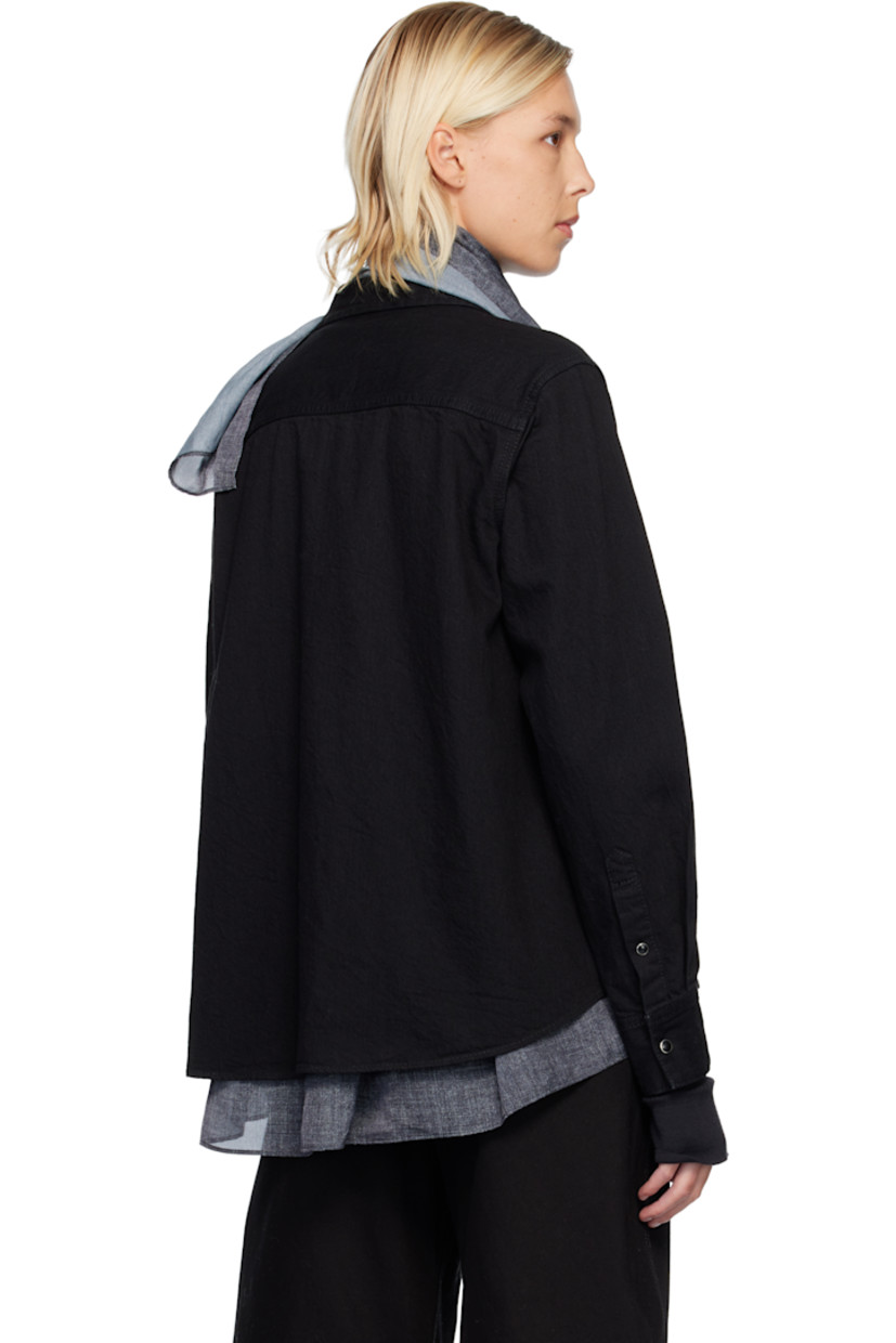 Non-stretch denim shirt. 

· Integrated scarf-style satin panel 
· Spread collar 
· Press-stud closure 
· Flap pockets at chest 
· Shirttail hem 
· Press-stud barrel cuffs
· Partial mesh lining 

Supplier color: Black