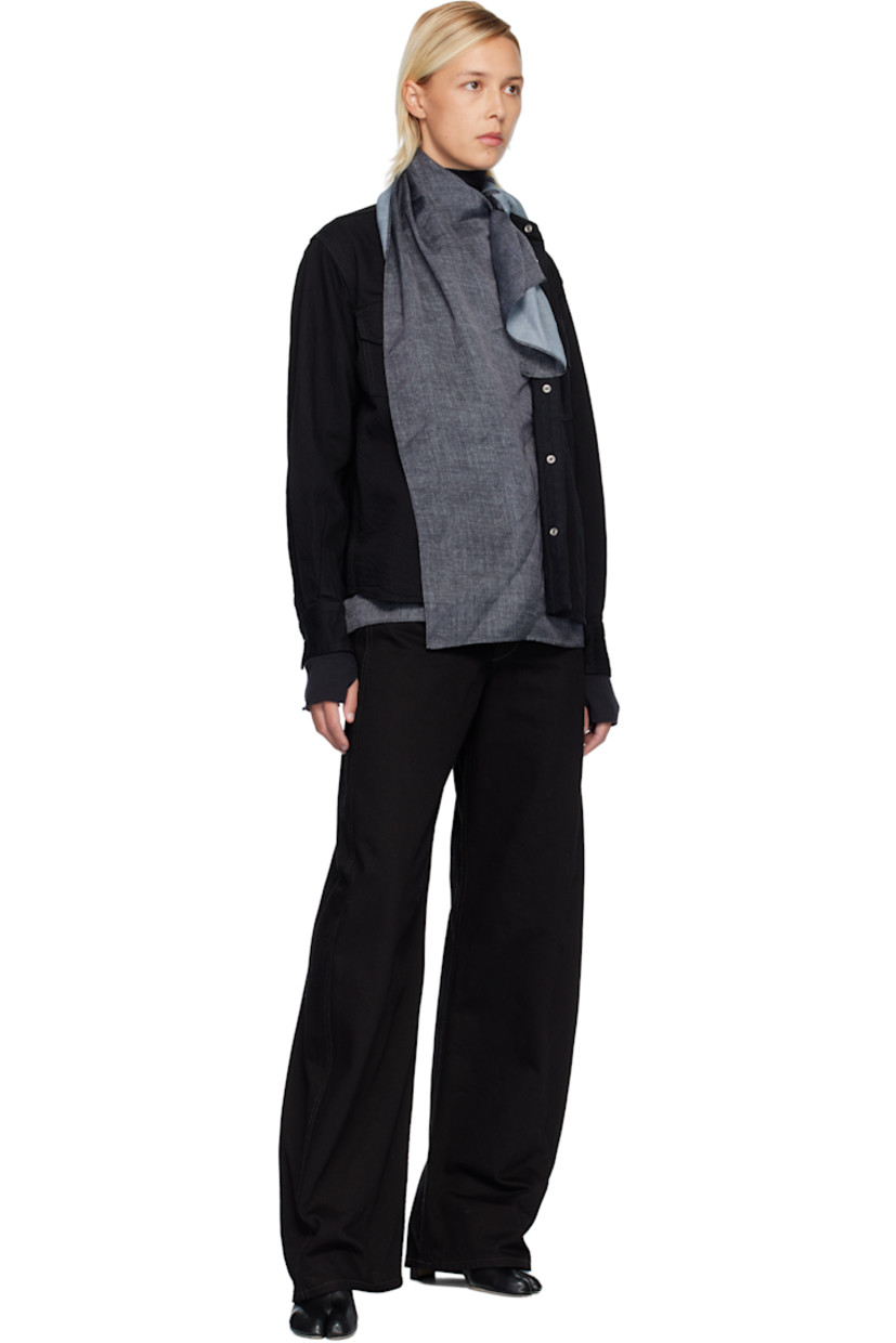 Non-stretch denim shirt. 

· Integrated scarf-style satin panel 
· Spread collar 
· Press-stud closure 
· Flap pockets at chest 
· Shirttail hem 
· Press-stud barrel cuffs
· Partial mesh lining 

Supplier color: Black