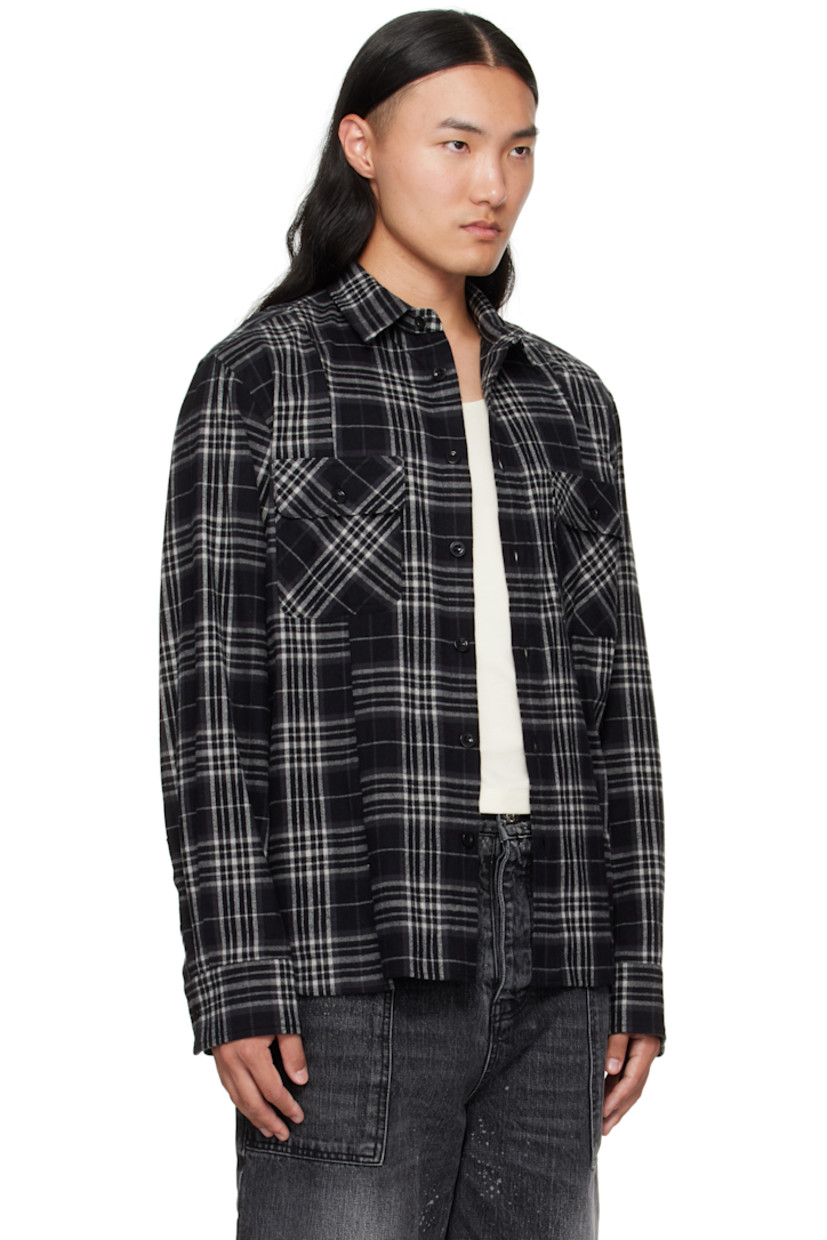 Cotton flannel shirt. 

· Check pattern throughout 
· Spread collar 
· Button closure
· Flap pockets at chest
· Asymmetric shirttail hem
· Pleats at buttoned barrel cuffs
· Box pleat at back yoke

Supplier color: Black