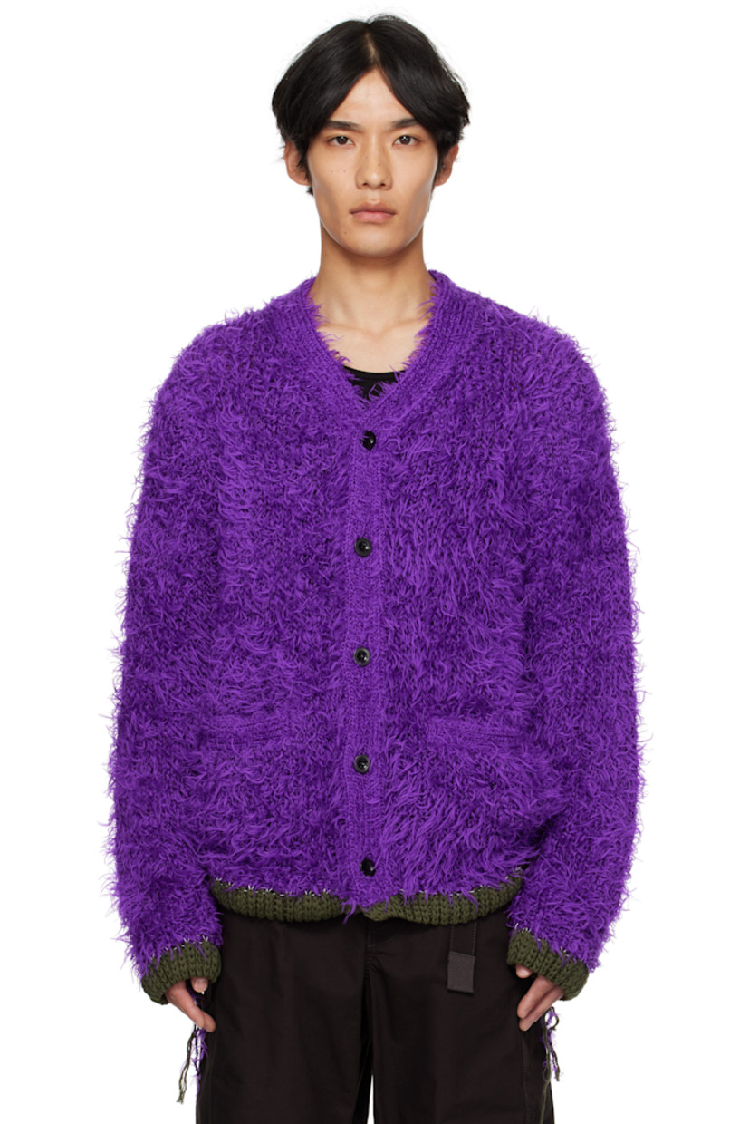 Shag-knit cardigan.

· Rib-knit Y-neck, hem, and cuffs
· Button closure
· Welt pockets at front
· Extended trim at hem and cuffs

Supplier color: Purple