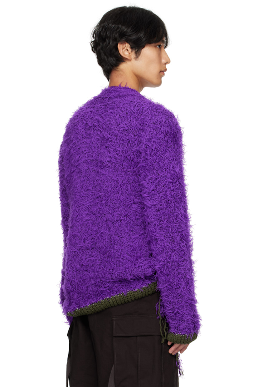 Shag-knit cardigan.

· Rib-knit Y-neck, hem, and cuffs
· Button closure
· Welt pockets at front
· Extended trim at hem and cuffs

Supplier color: Purple