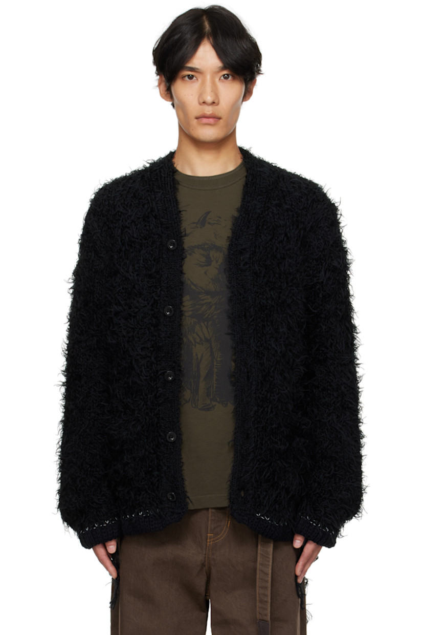 Shag-knit cardigan.

· Rib-knit Y-neck, hem, and cuffs
· Button closure
· Welt pockets at front
· Extended trim at hem and cuffs

Supplier color: Black
